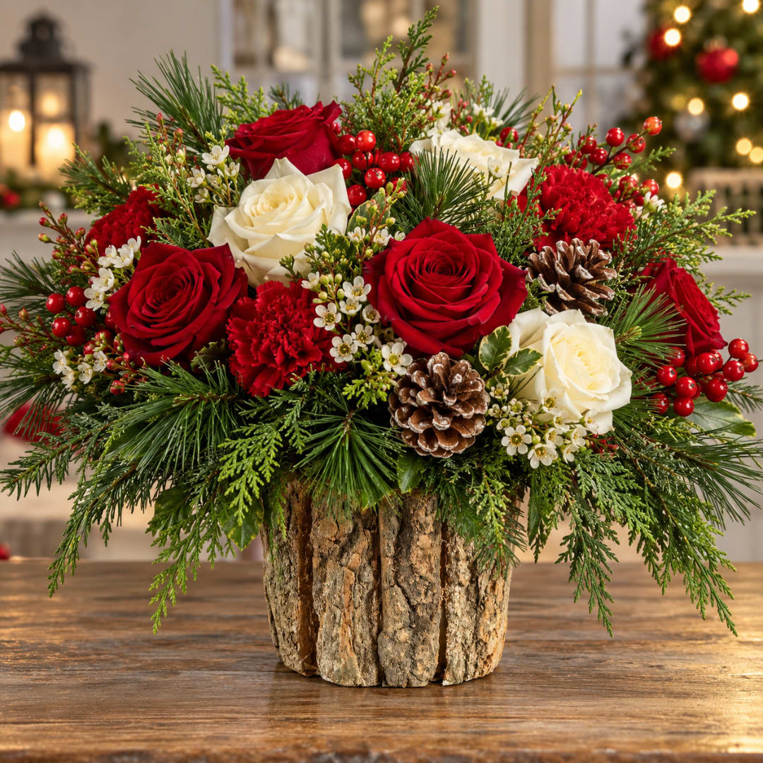 Red and white roses in a rustic bark container with pinecones and evergreens