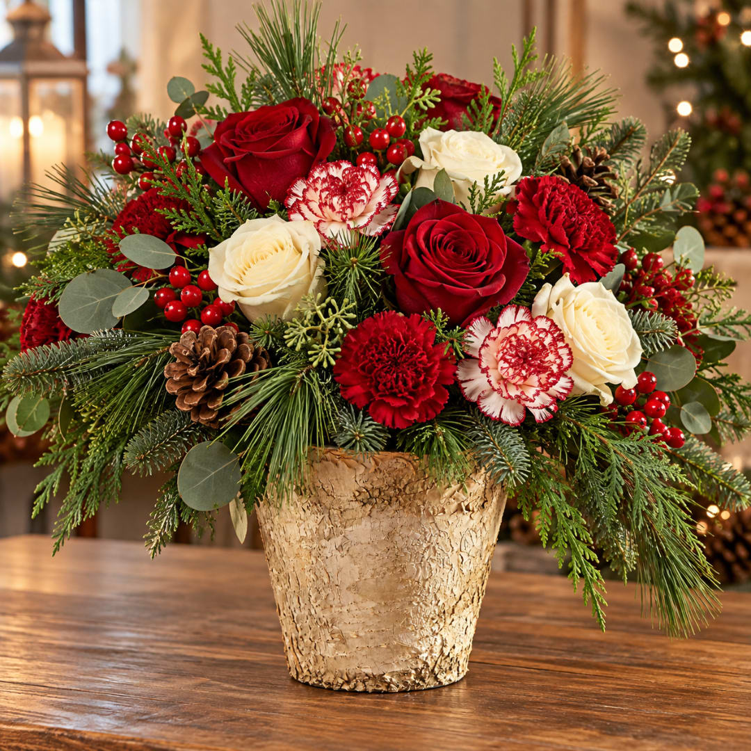 Red and white roses with carnations in a gold vase