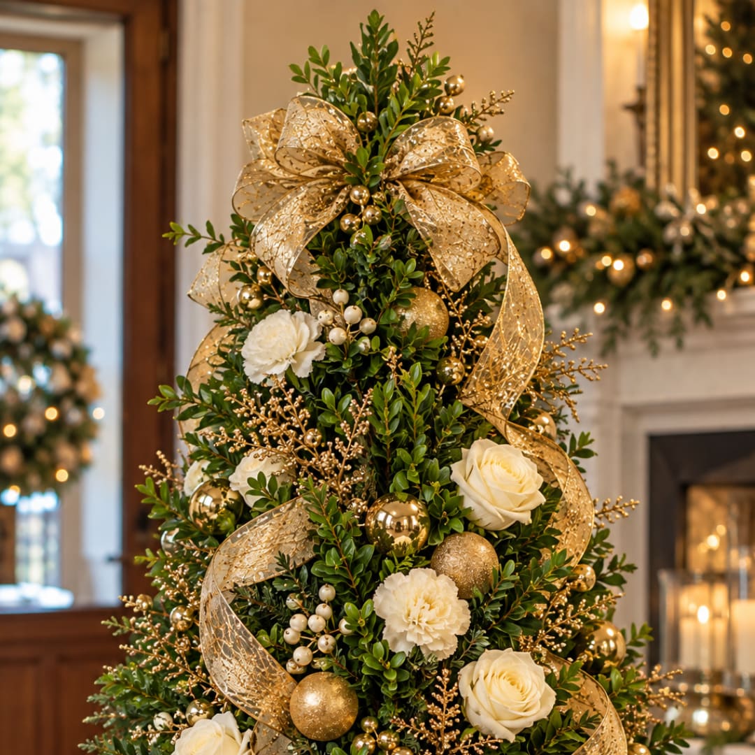 Decorated Christmas tree with white flowers, gold ribbon, and ornaments