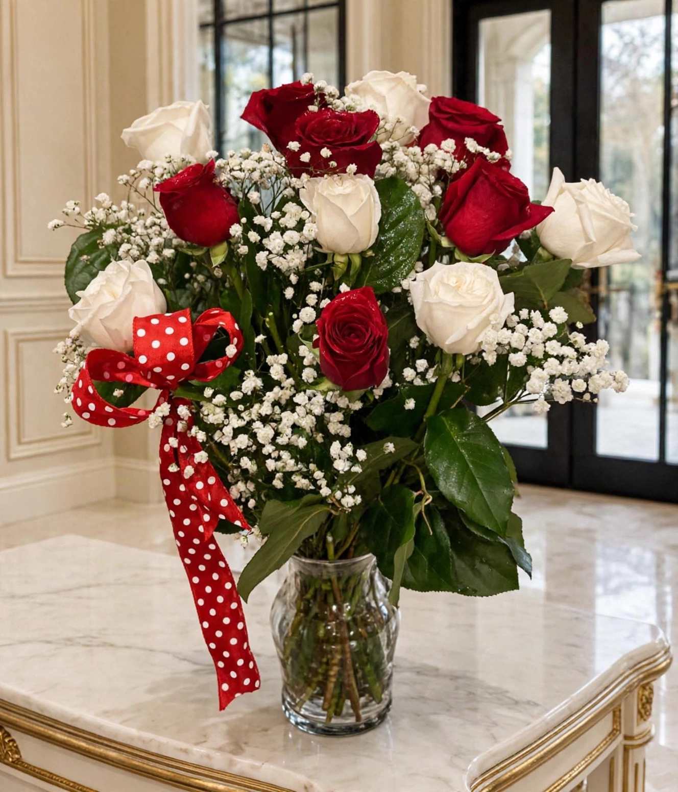 Red and white roses in a clear glass vase with a red polka-dot ribbon