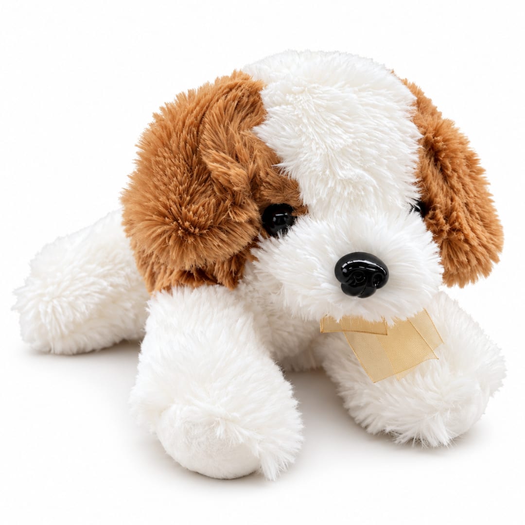 Plush brown and white puppy toy with a ribbon bow