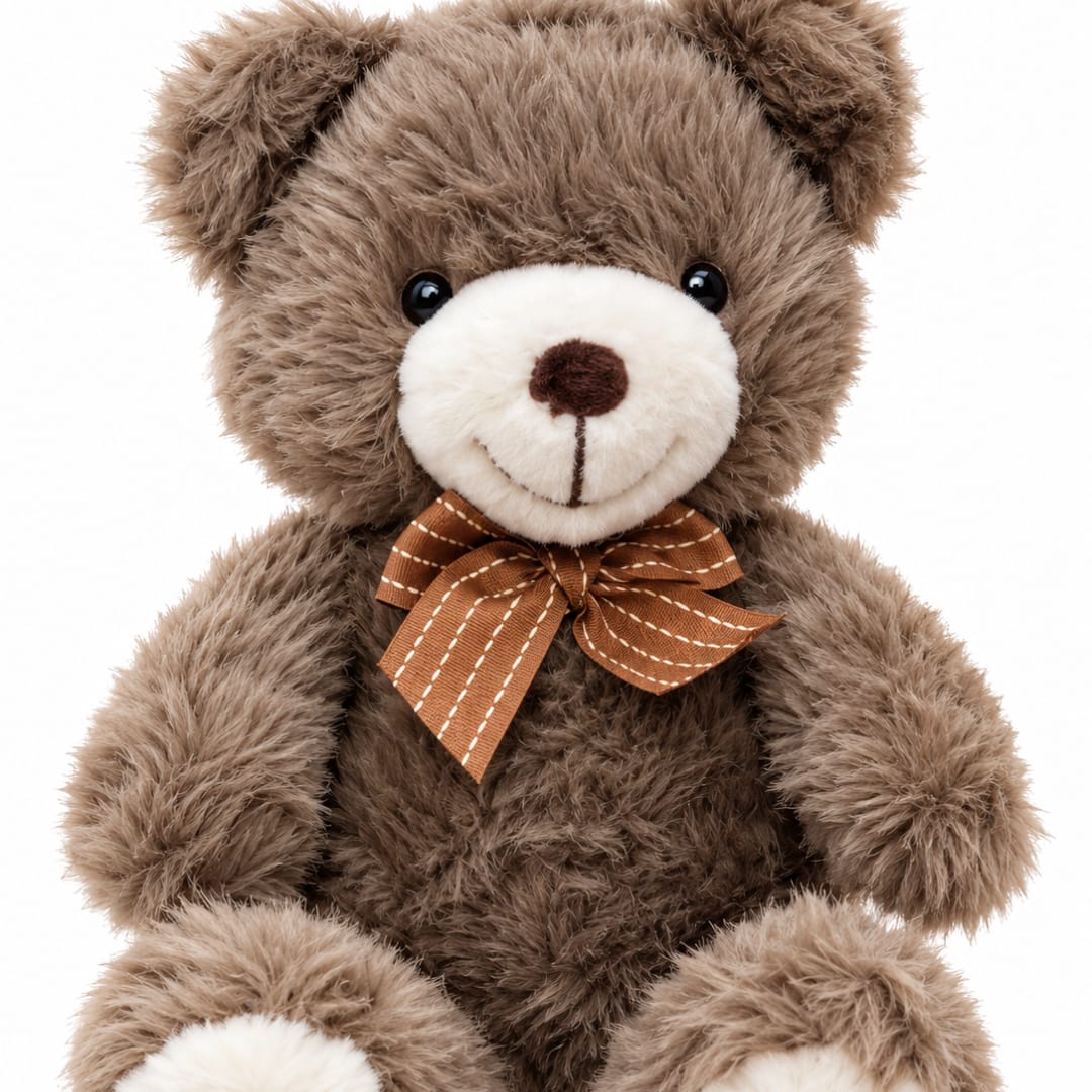 Brown teddy bear with a striped bow on a white background