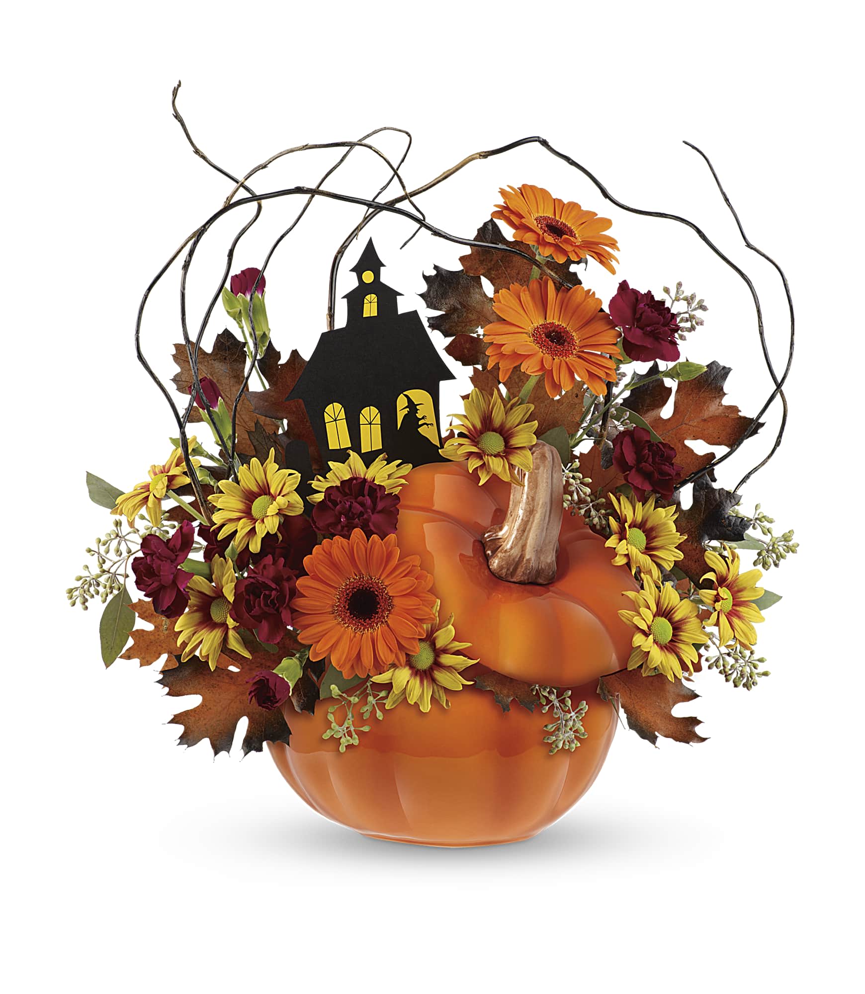 Haunted House Bouquet - This hauntingly cute arrangement brings the Halloween spirit to life with a seasonal assortment of fresh flowers, topped with a ghostly haunted house. It's hand-delivered in a charming ceramic pumpkin jar that's sure to become a fall decor staple!