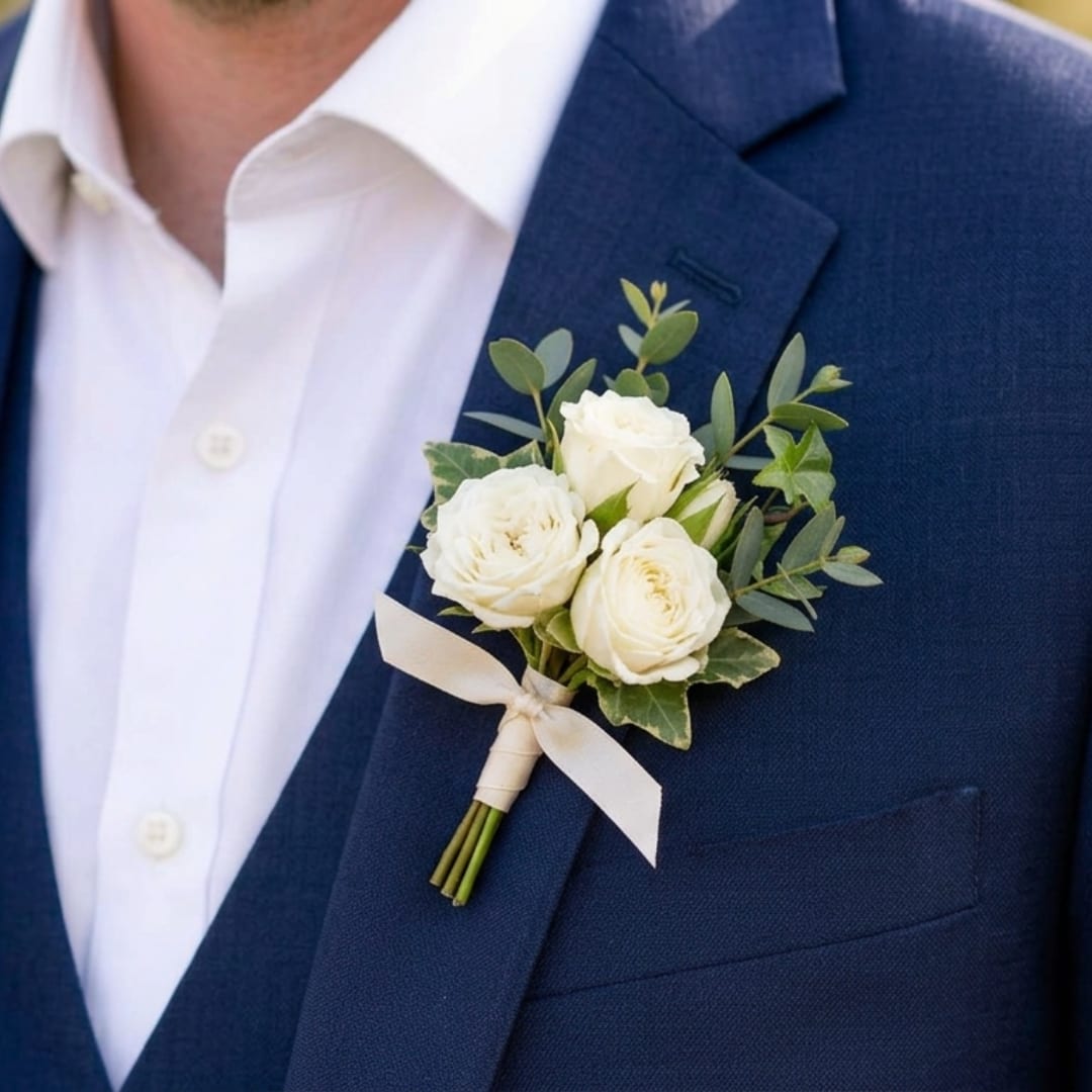 White rose boutonniere with greenery on a navy suit lapel