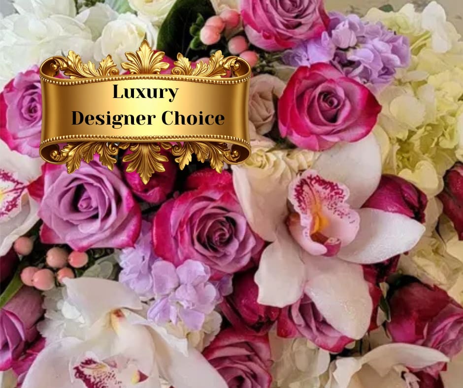 Mixed bouquet of pink and white roses with orchids and hydrangeas