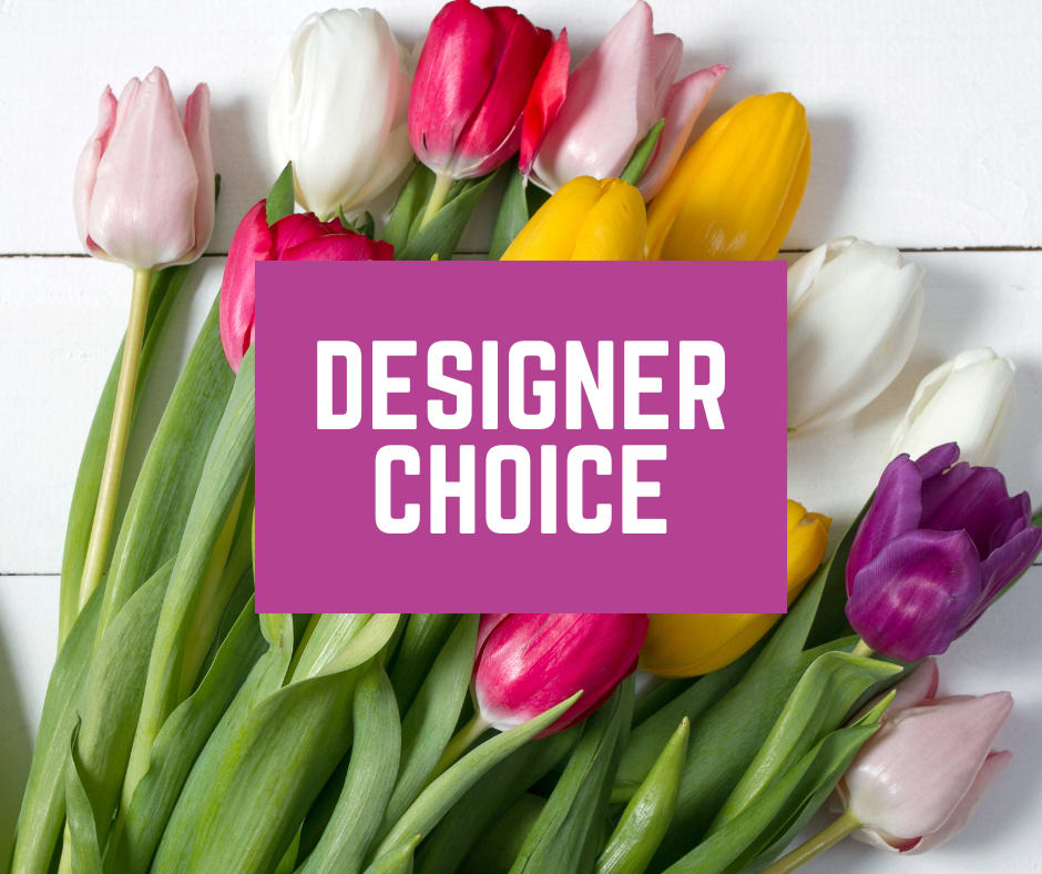 Assorted tulips in pink, white, yellow, and purple with a designer choice label