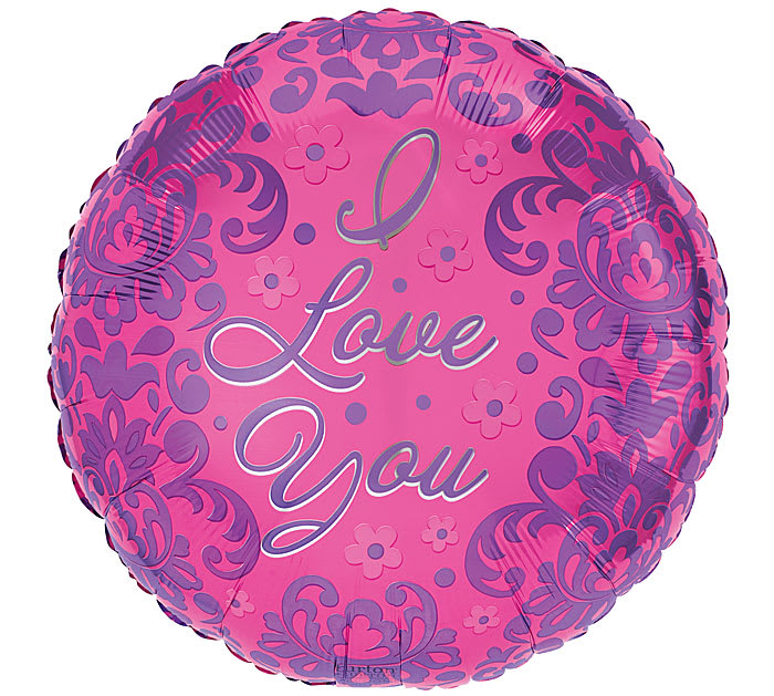 I Love You Balloon - Pink "I love you" Balloon with Small flowers and damask design