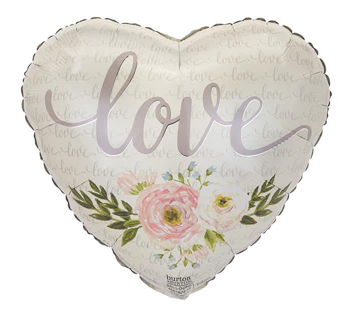 Floral love heart - 17" packaged heart, white with water color roses and message: Love.