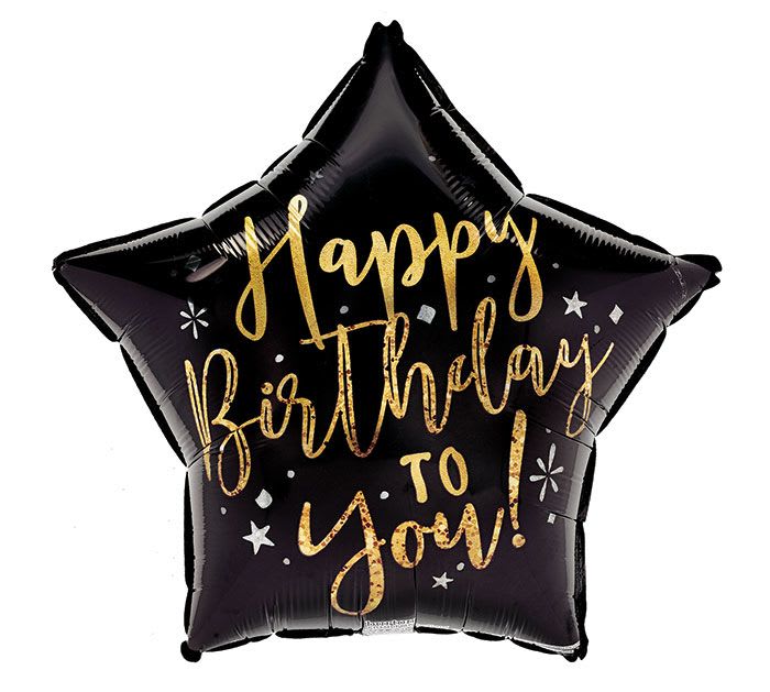 Black star-shaped birthday balloon with gold lettering