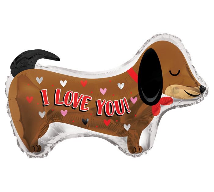 Dog-shaped foil balloon with "I LOVE YOU!" text and hearts
