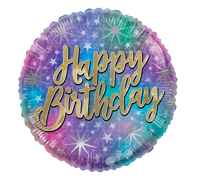 Round birthday balloon with colorful star pattern and "Happy Birthday" text