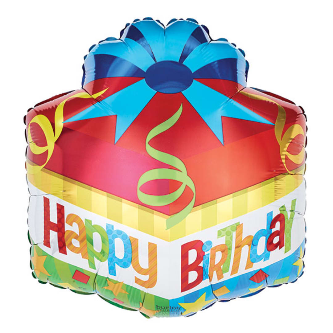 Square birthday balloon with colorful "Happy Birthday" text
