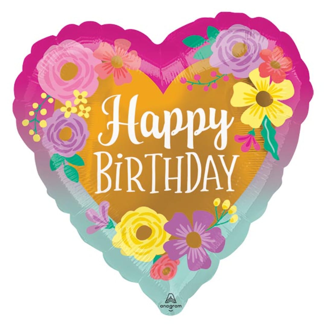 Heart-shaped birthday balloon with floral decorations and "Happy Birthday" text