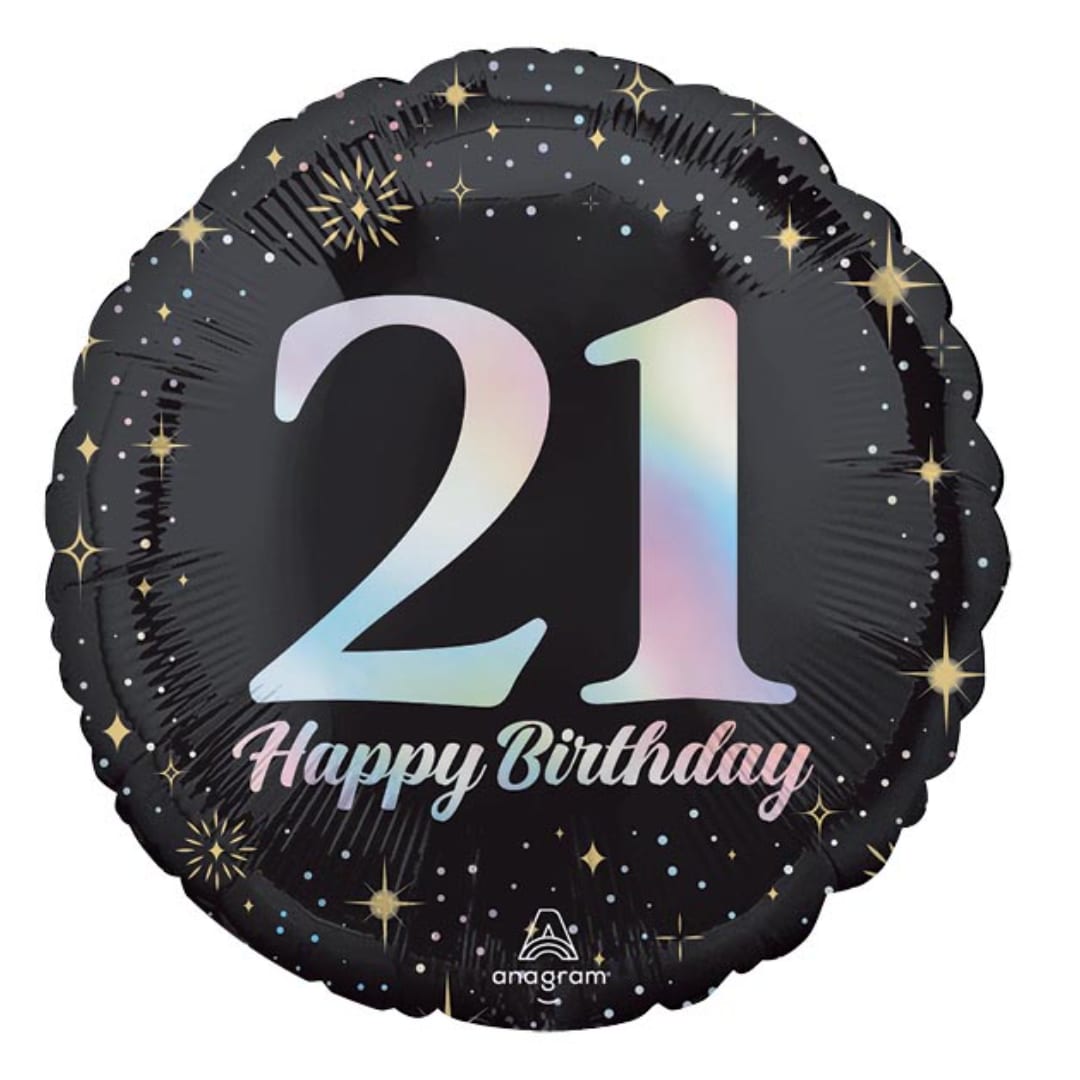 Black birthday balloon with the number 21 and "Happy Birthday" text