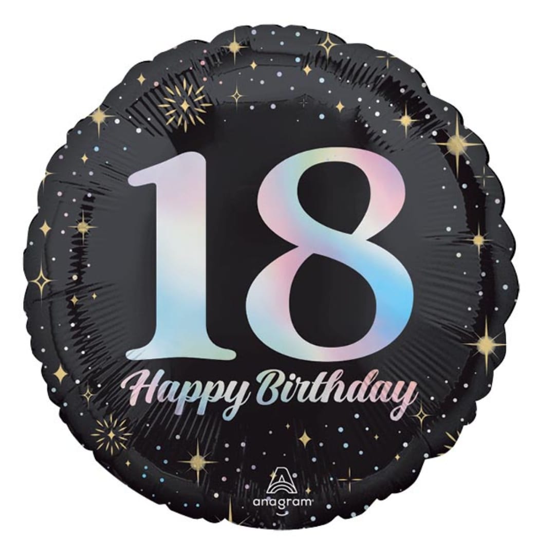 Black birthday balloon with the number 18 and "Happy Birthday" text