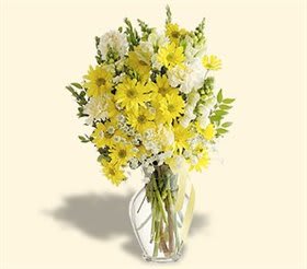 Yellow and white daisy bouquet in a clear glass vase