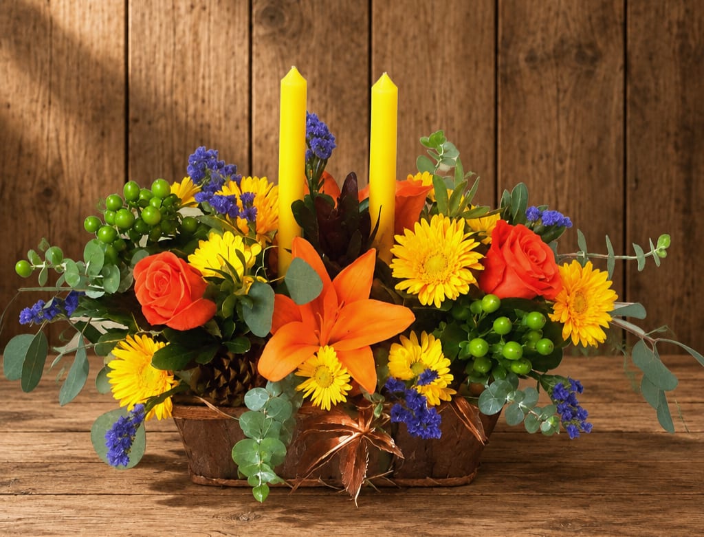 Orange and yellow floral centerpiece with two yellow candles