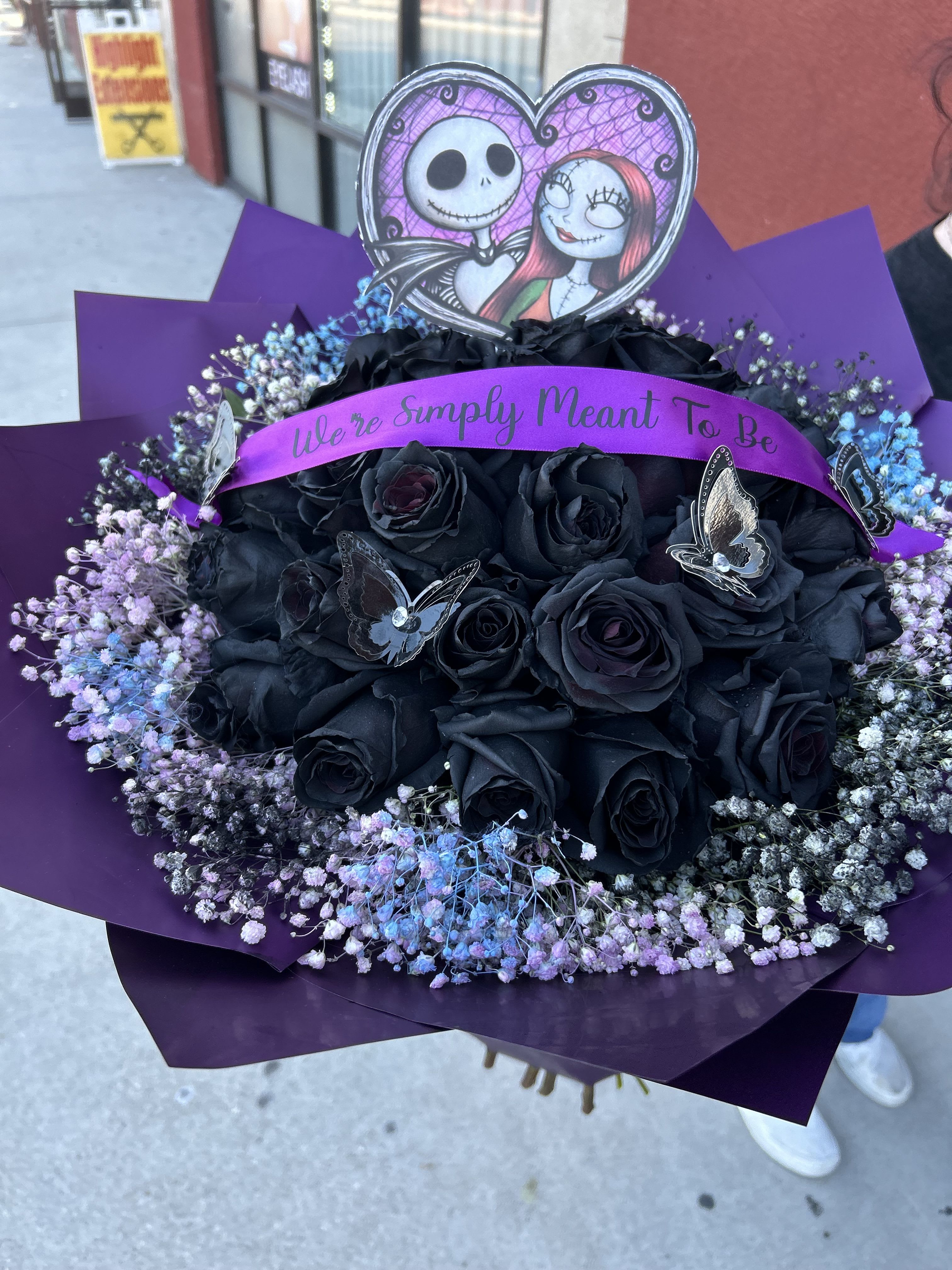 Jack Skellington Spooky Bouquet  -  24 black roses wrapped in a buchón style bouquet is exactly as shown 