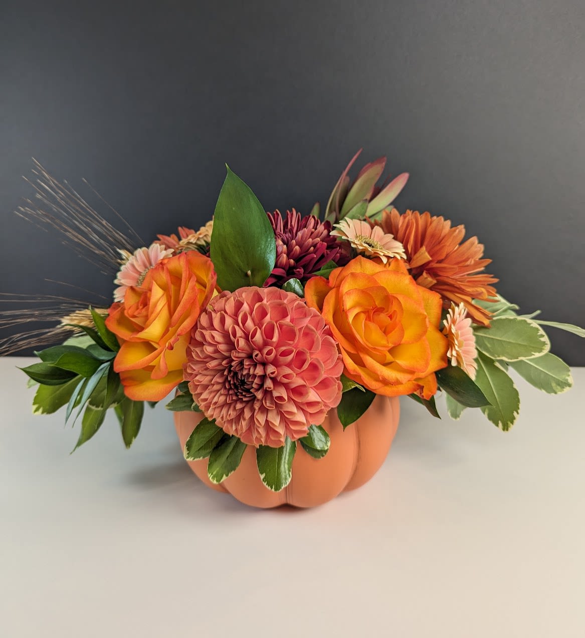 Pumpkin Patch Blooms - Celebrate the cozy charm of autumn with our Pumpkin Patch Blooms arrangement. This seasonal bouquet captures the essence of a bountiful harvest, featuring:  -Vibrant dahlias -Rich chrysanthemums -Playful piccolini -Unique leucadendron  Each bloom in this arrangement reflects the warm, earthy tones of fall, creating a delightful display that brings the spirit of the season into any space. Perfect for adding a touch of autumnal beauty to your home or as a festive gift, Pumpkin Patch Blooms is a true celebration of fall's splendor.