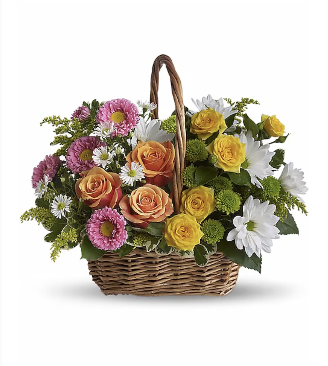 Basket arrangement with roses, daisies, and chrysanthemums