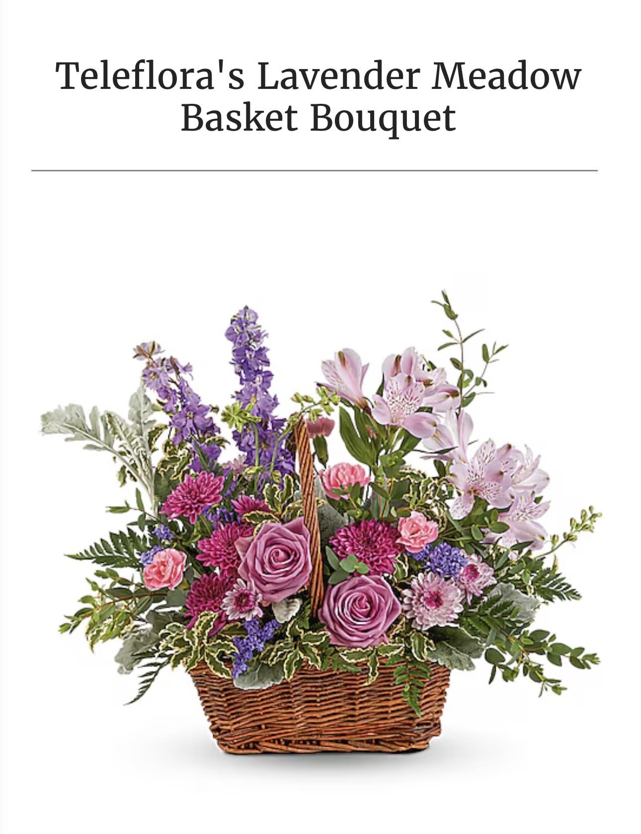Basket bouquet with pink and purple flowers