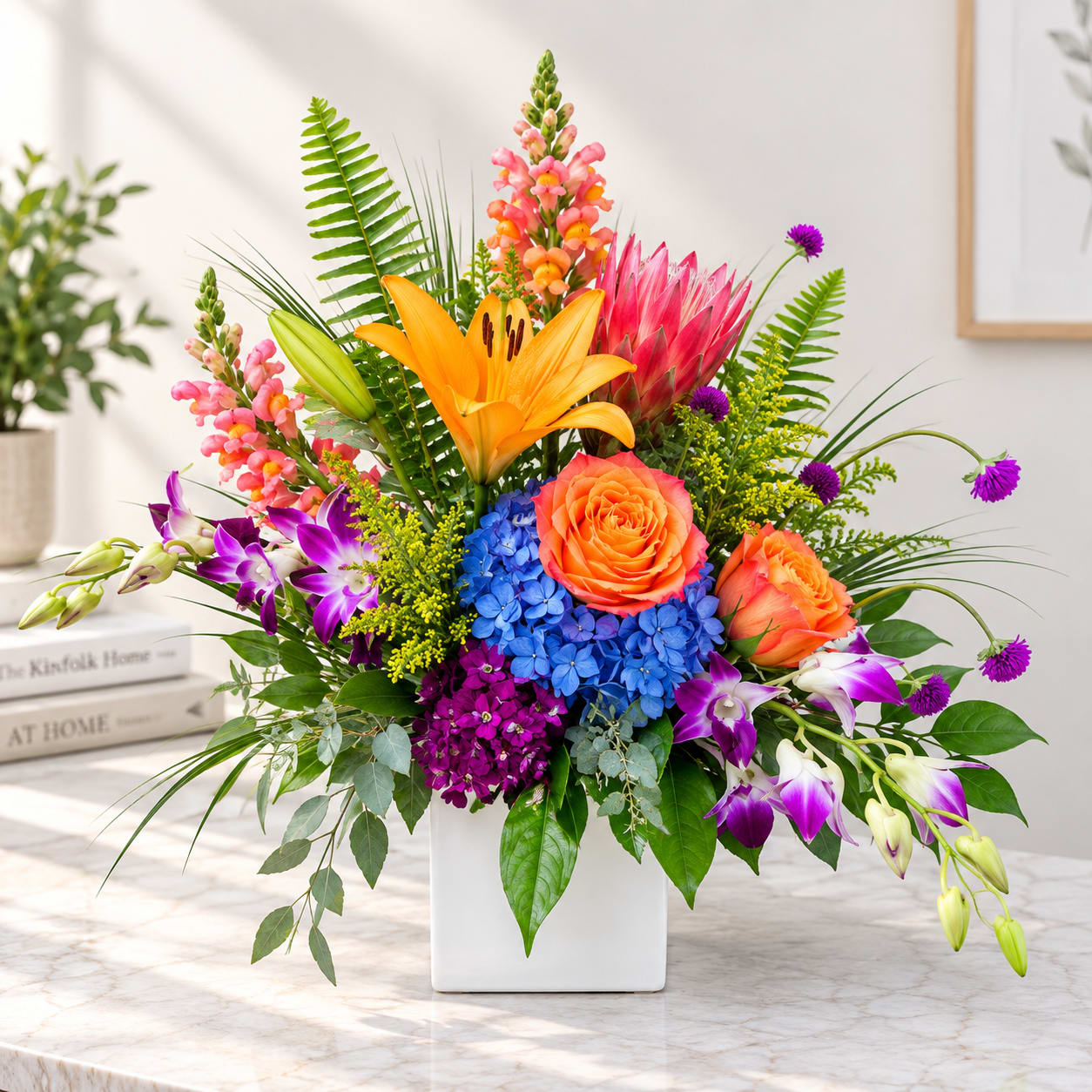 Colorful mixed flower arrangement in a white square vase