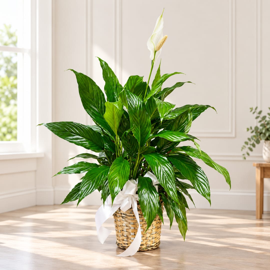 Potted peace lily in a woven basket with a white ribbon