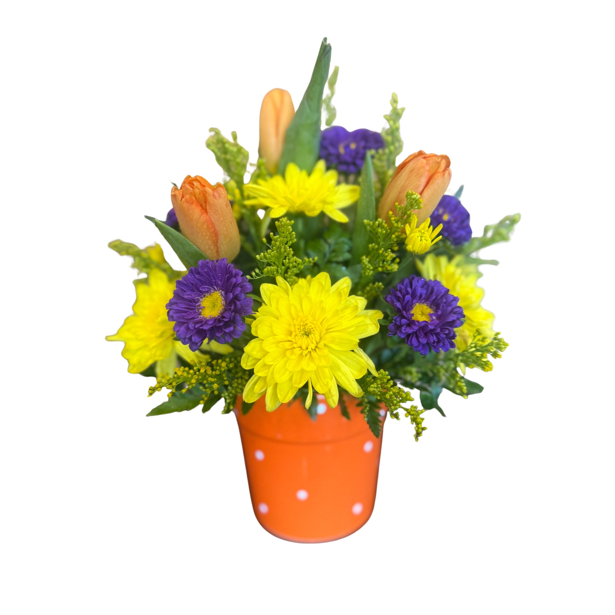 Garden Pop  - Springy and adorable! This ceramic flower pot is filled with beautiful Spring blooms!!!