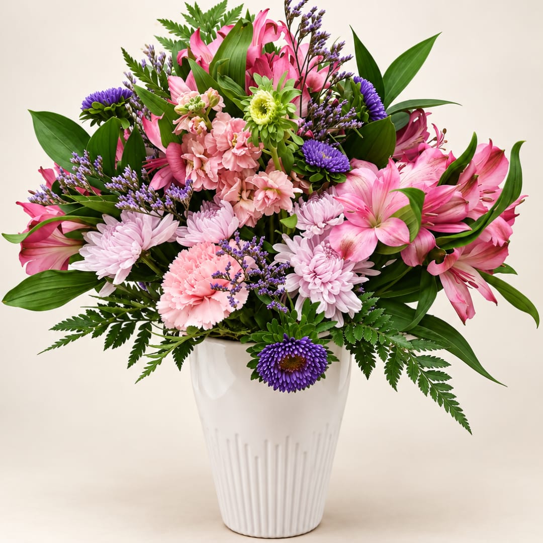 Pink and purple mixed bouquet in a white vase