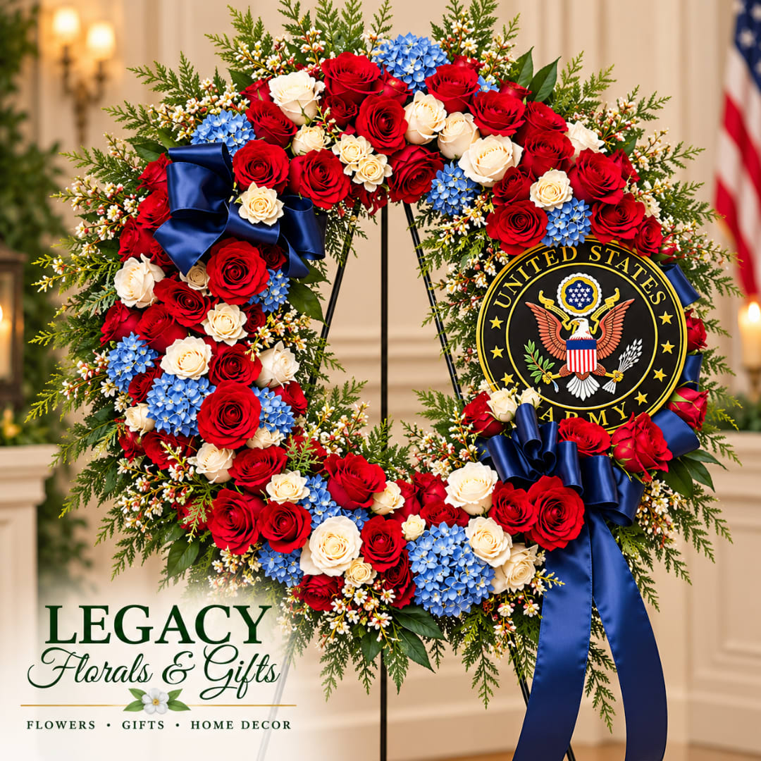 Red, white, and blue floral wreath with an Army seal and ribbon bows