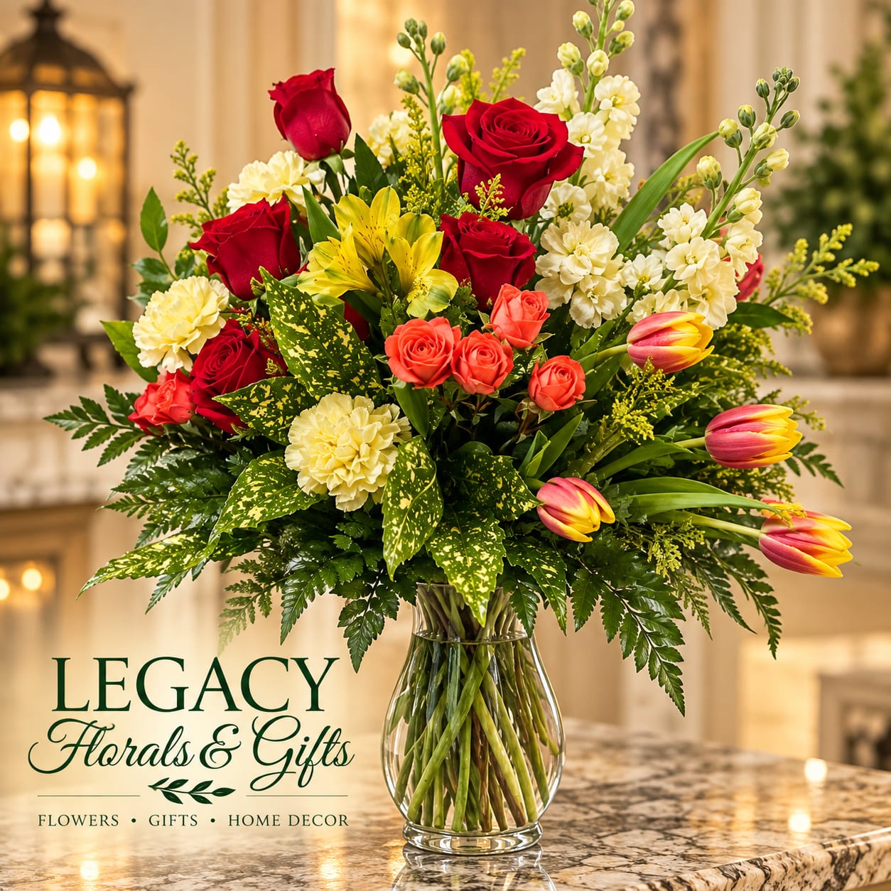 Mixed bouquet of roses, tulips, and carnations in a glass vase