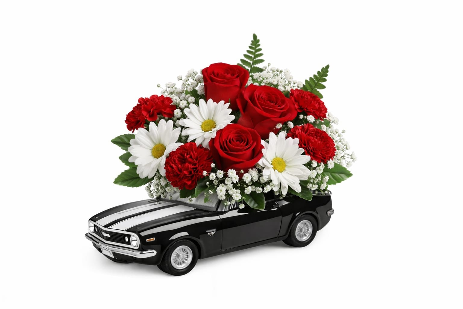 Red roses and white daisies arranged on a black toy car