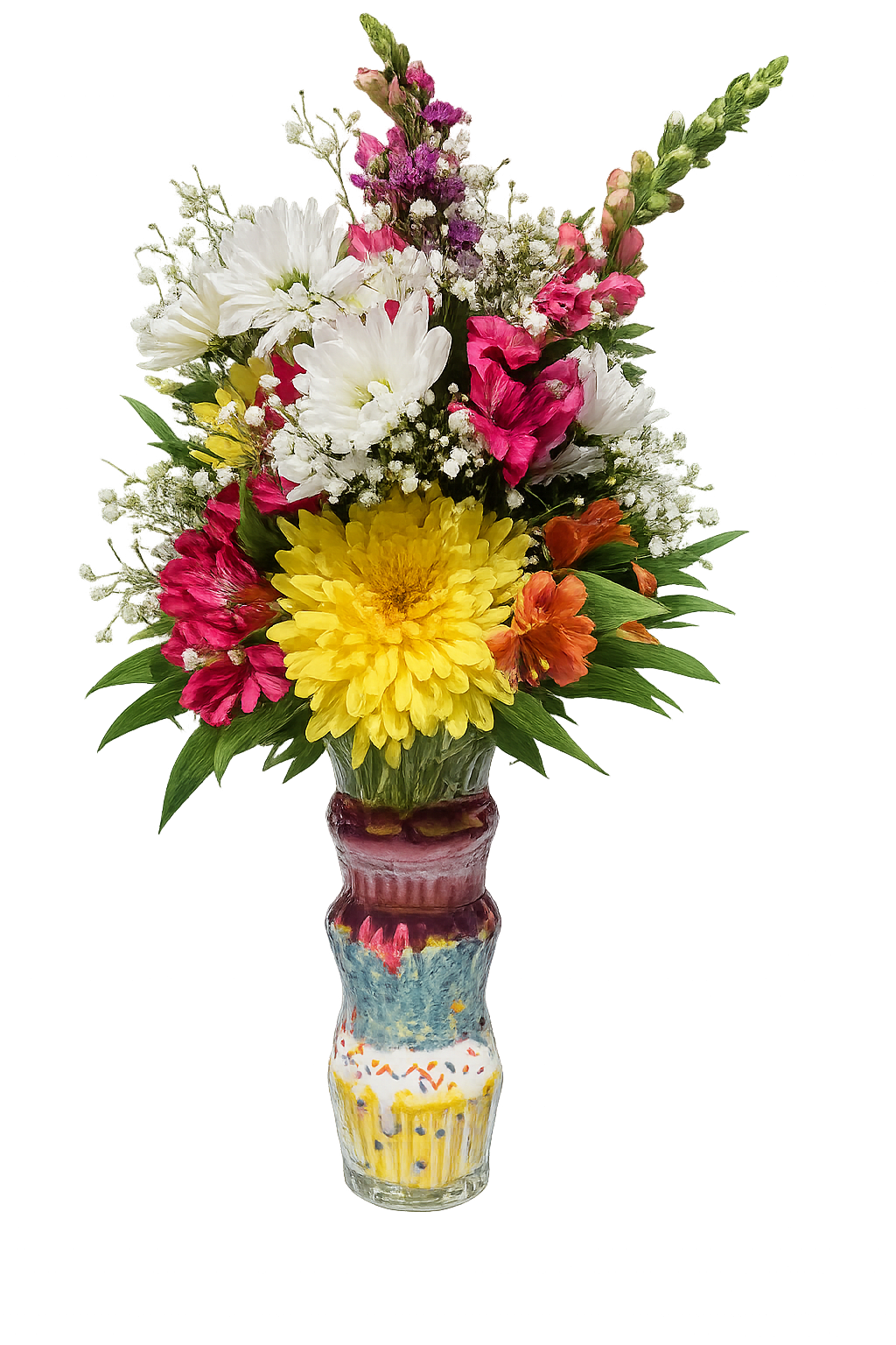 Cupcake Arrangement - Ceramic Tired cup cake vase filled with Pinks, yellows, purples whites and orange flowers