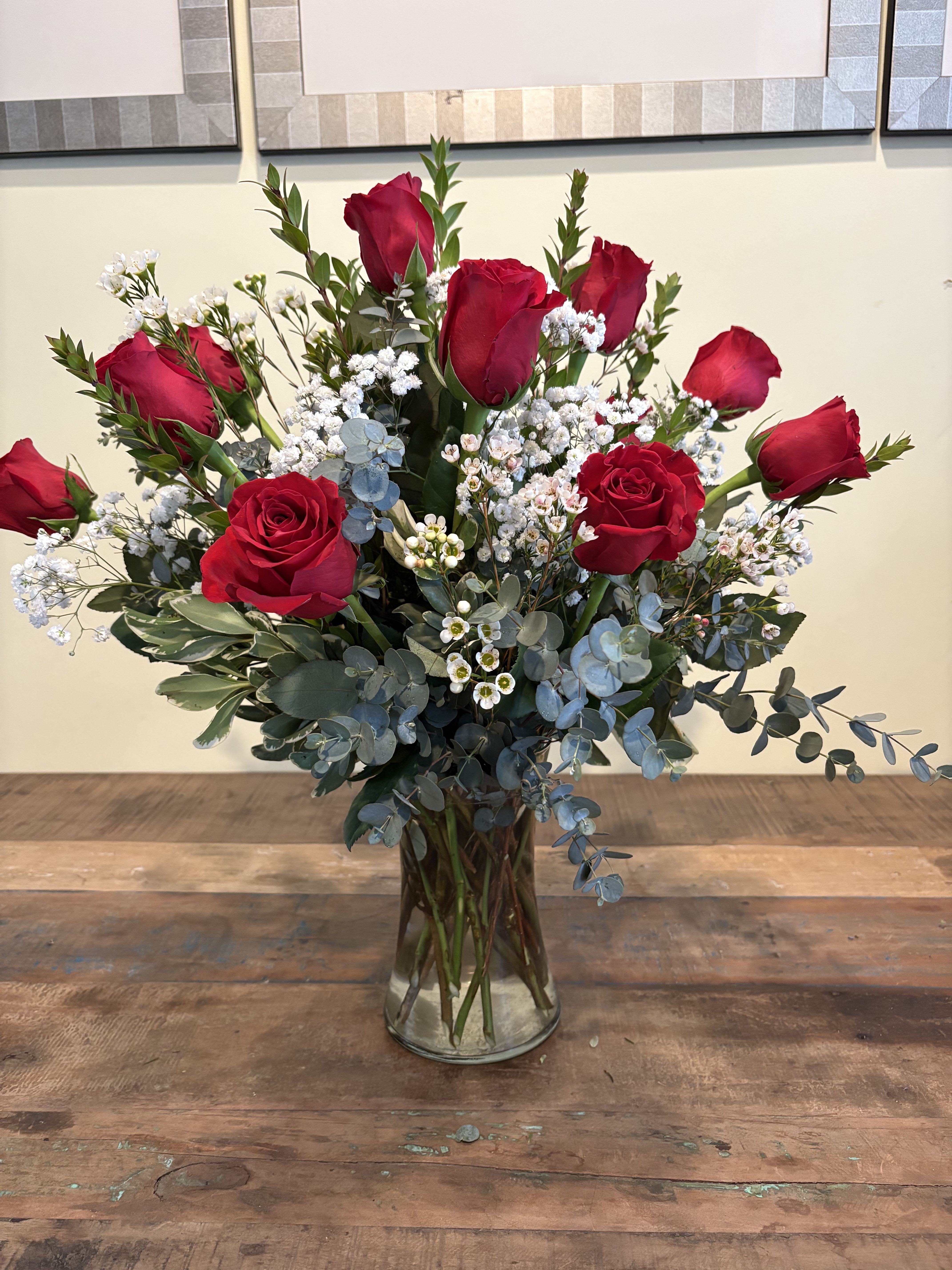 Dozen Red Roses - Dozen Red Roses with filler in a vase