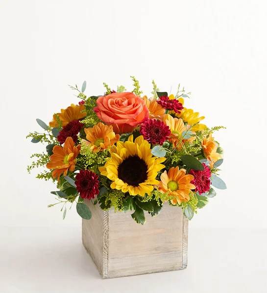 Mixed bouquet with a sunflower, rose, and daisies in a square wooden box