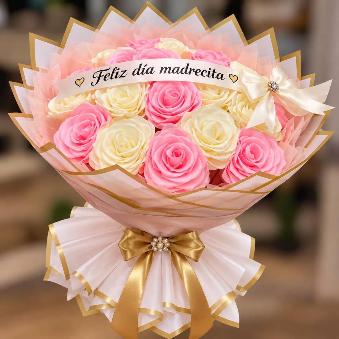 Pink and cream rose bouquet wrapped in pale pink paper with a gold ribbon
