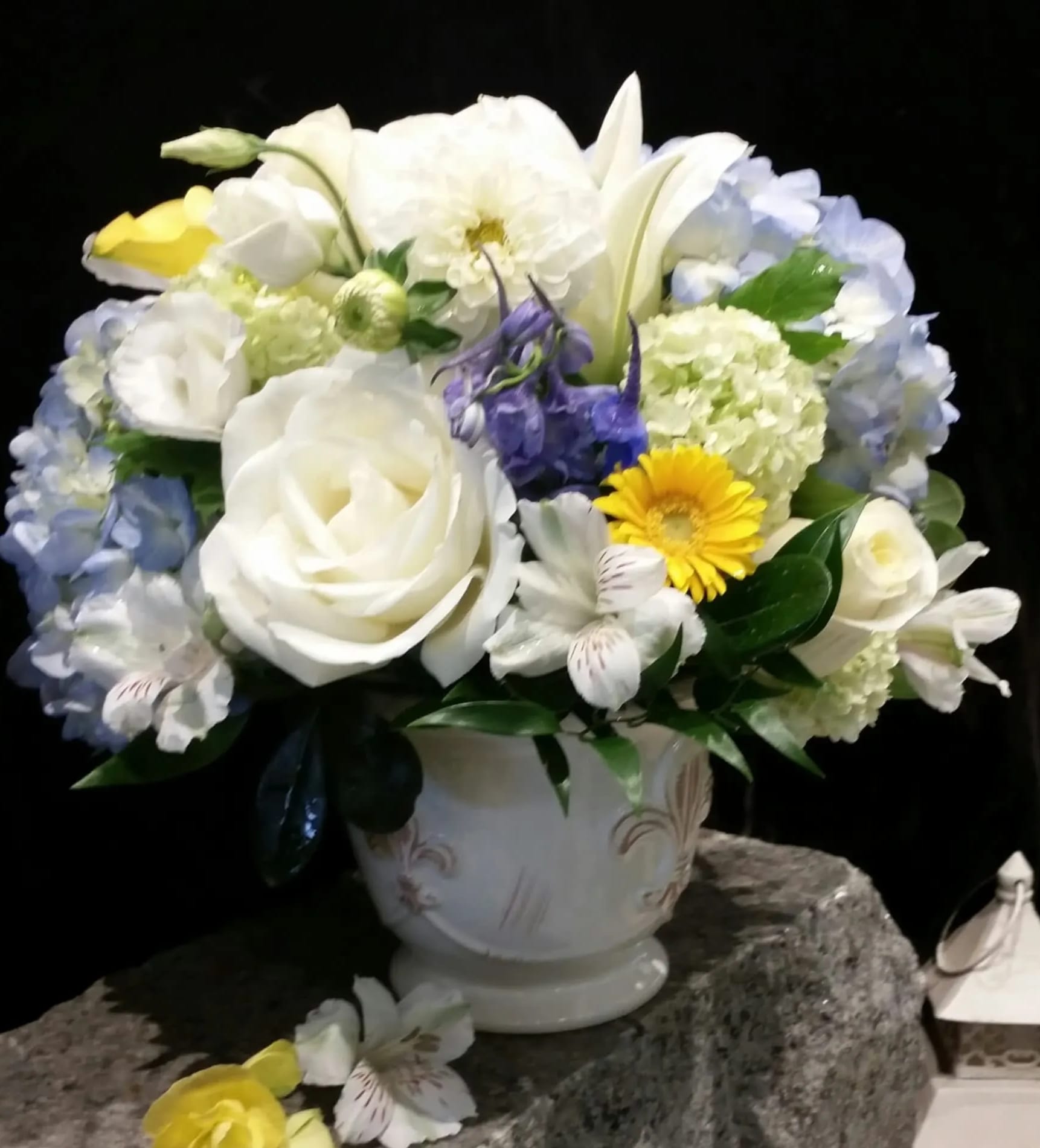 Buttercup Blues - The most beautiful creamy white roses at their peak of freshness Rich, blue hydrangea, deep blue delphinium and yellow miniature  gerbera daisies.  The freshest premium blooms available are included in this casual but elegant collection of ours called Buttercup Blues.  Last but not least, we feature a creamy ceramic pot embossed with fleur de li.  All in all, a lovely vase arrangement that would work perfectly for so many occasions! (vase measures approximately 5" in diameter and 5" high. Finished arranged will be approximately 10" tall and wide)