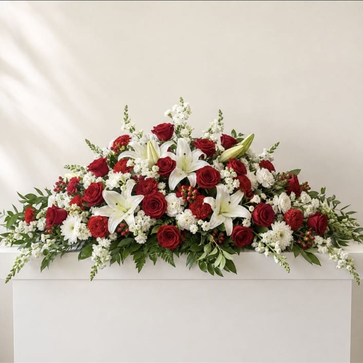 Large red and white floral arrangement with roses and lilies