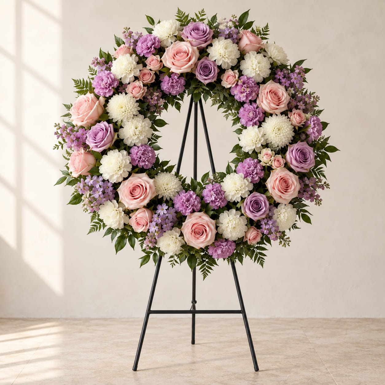 Round floral wreath on a black easel with pink, purple, and white blooms