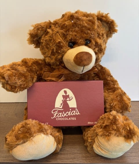 Sending Love and Hugs - A plush and cuddly 14" brown bear with a delicious 8 oz box of chocolates sends a warm and affectionate message.