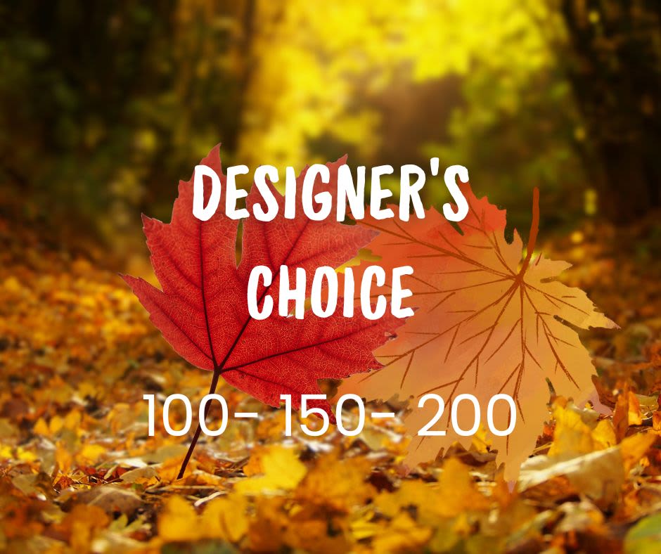 Autumn leaves with overlaid text reading Designer's Choice and 100-150-200