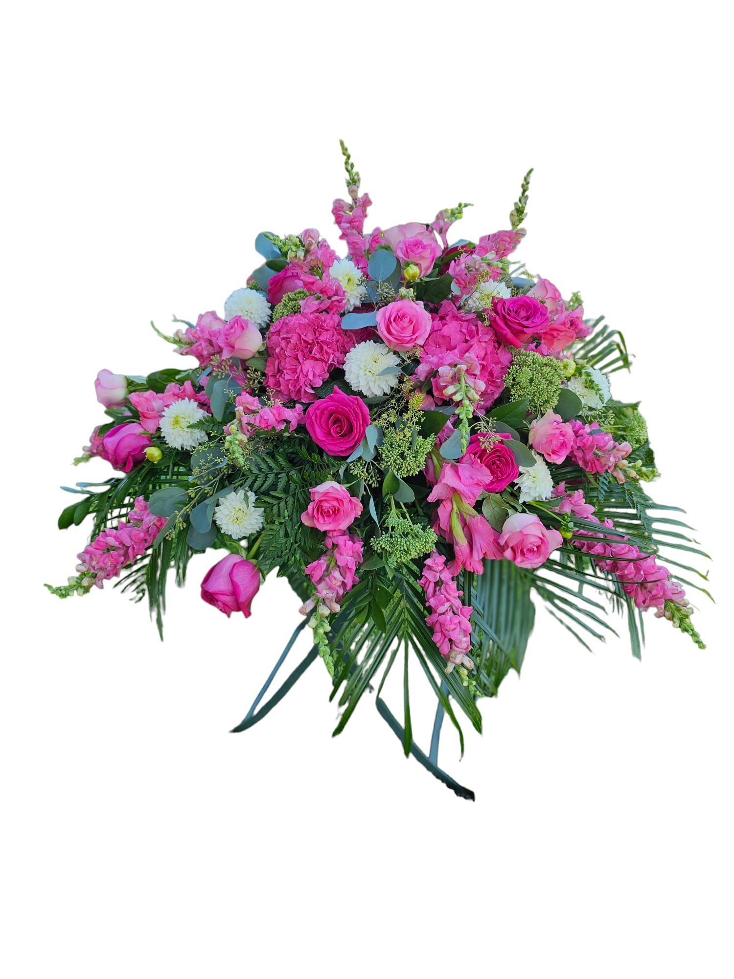 Large pink floral spray with roses and white blooms