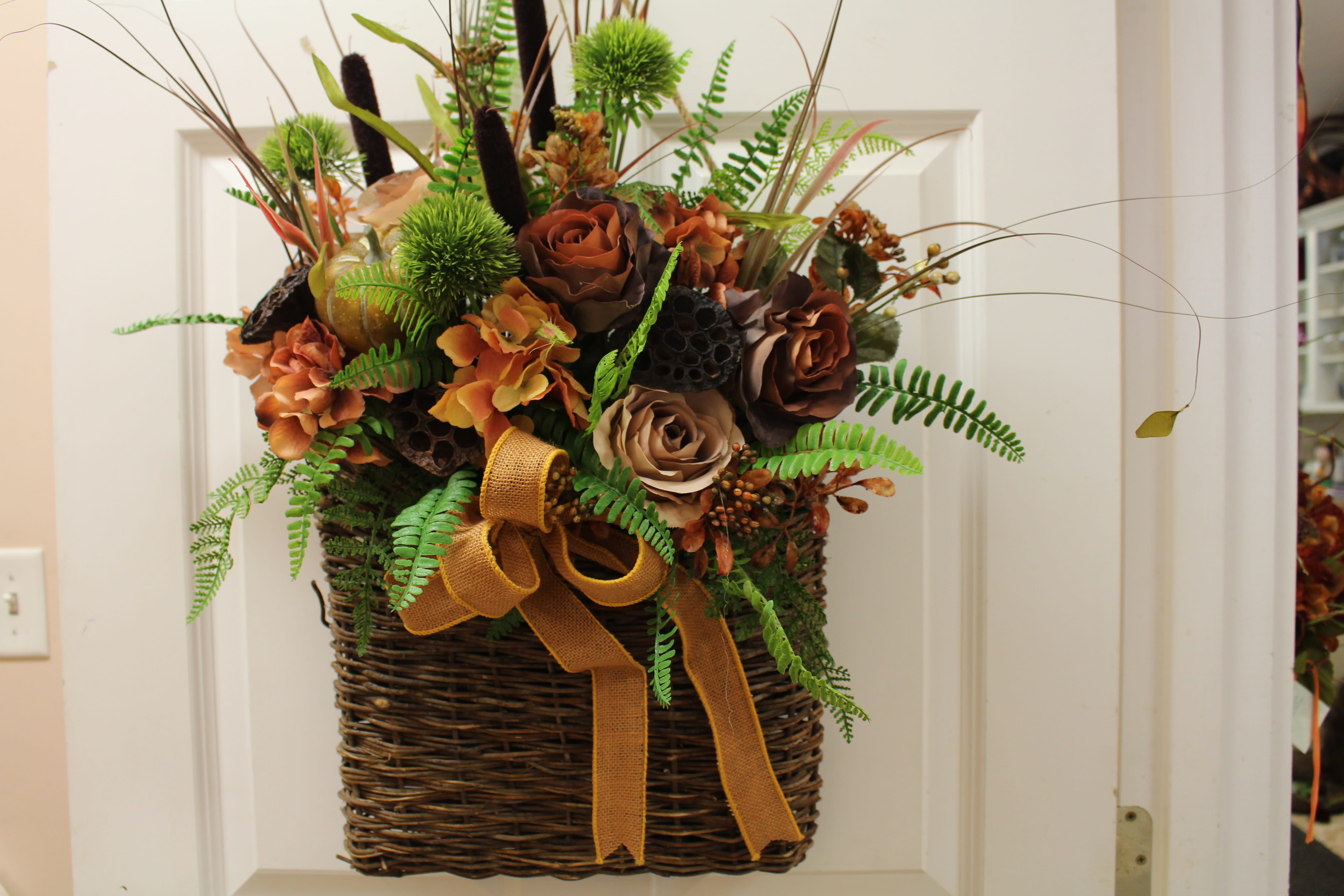 Autumn Half Basket Large  - A permanent piece designed for a front door or inside a home.  Something to be taken out year after year. 