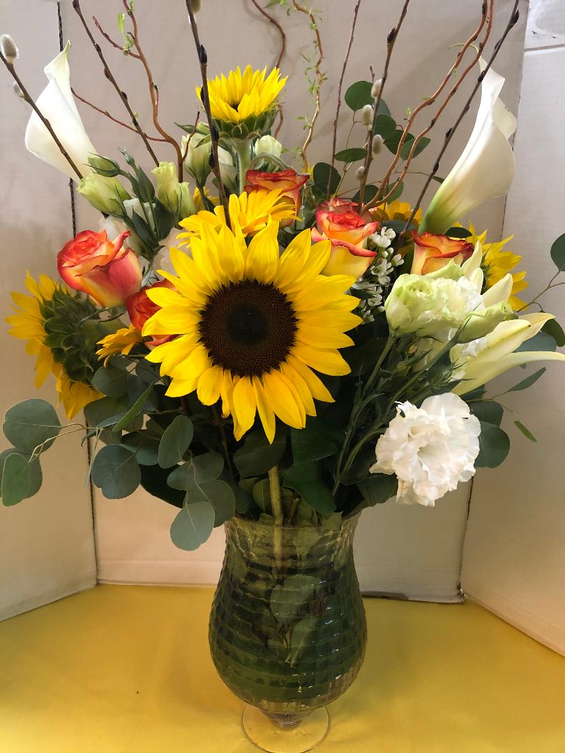 Mixed Sunflower Arrangement - Sunflowers, Seasonal Flowers, Roses, Pussy willow(Seasonal),  Lilies, Lisianthus, Fancy Greens