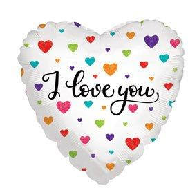 Heart-shaped balloon with multicolored hearts and the words "I love you"
