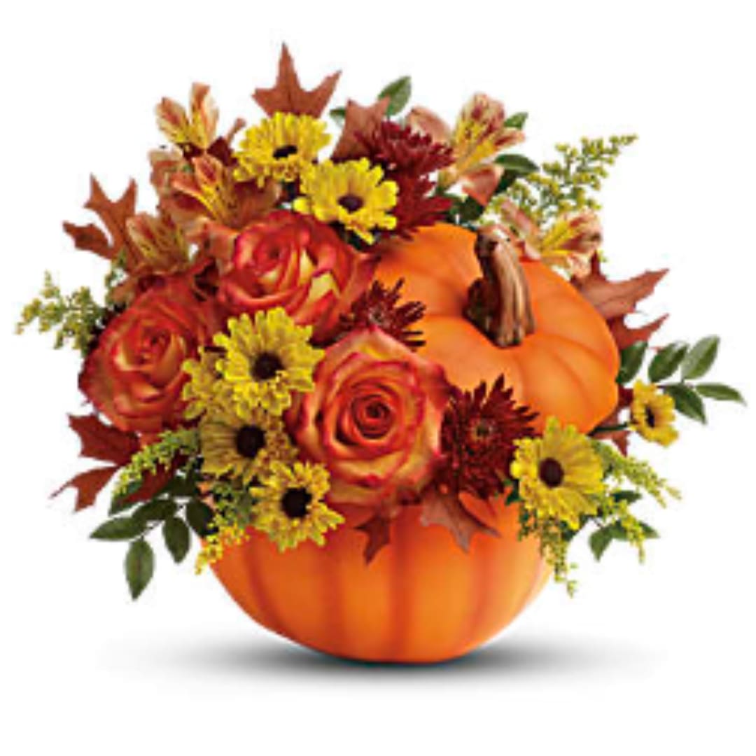 Pumpkin-shaped floral arrangement with roses and daisies