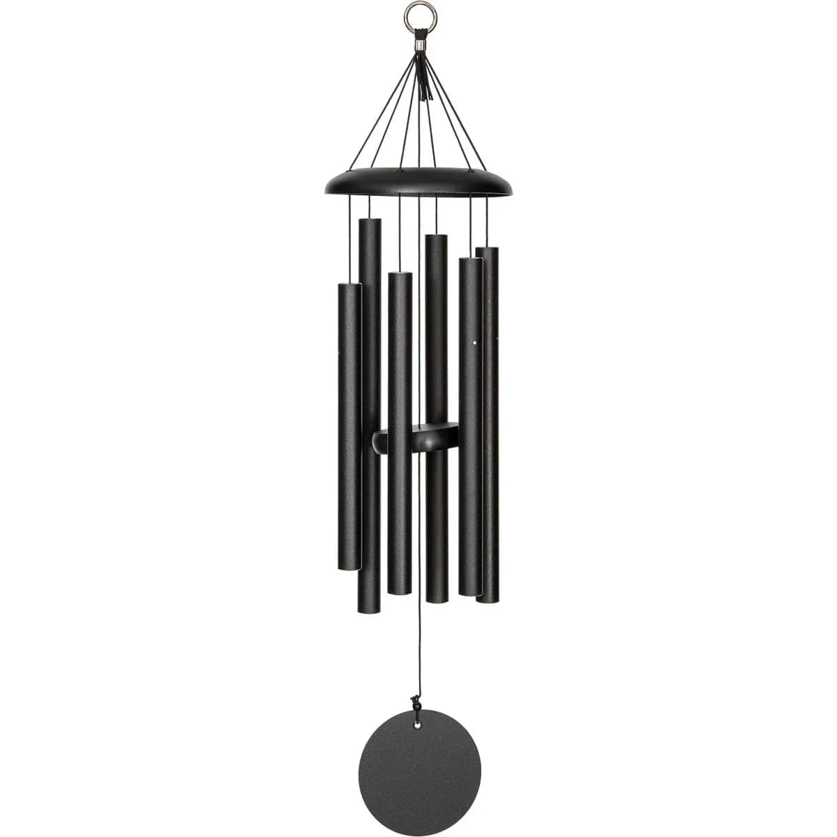 Black metal wind chime with hanging tubes and a round striker