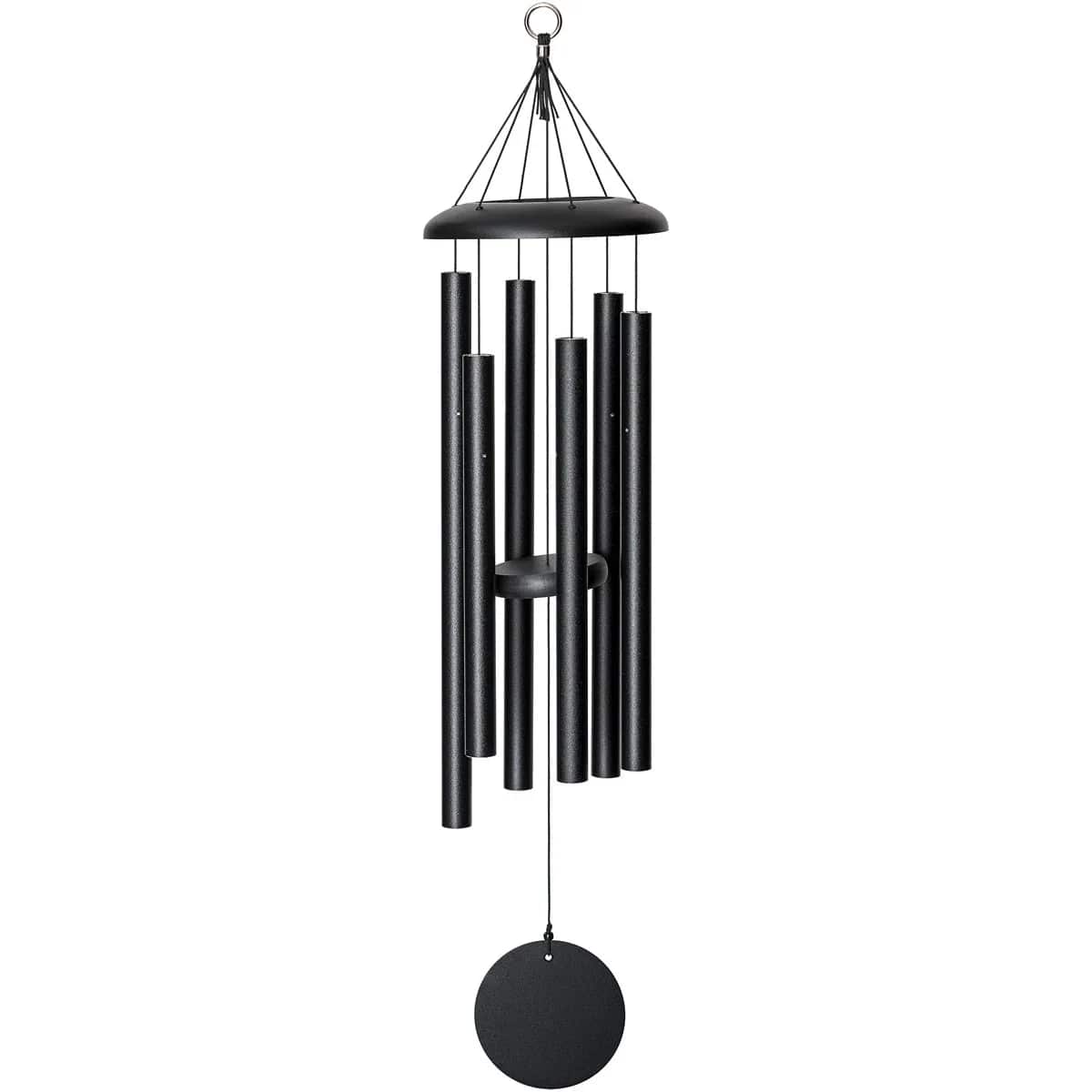 Black metal wind chime with hanging tubes and a round striker