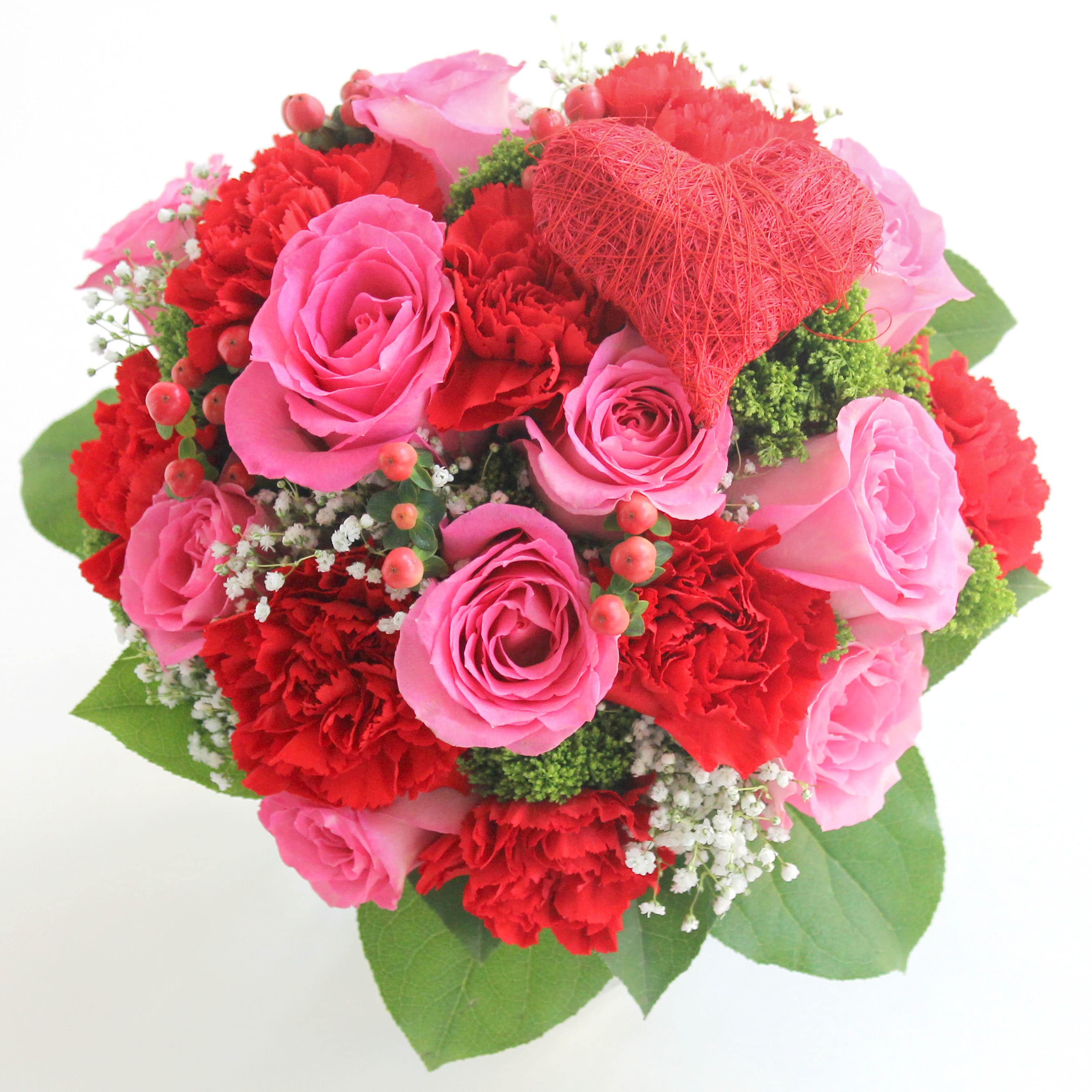Pink and red rose bouquet with a red heart decoration