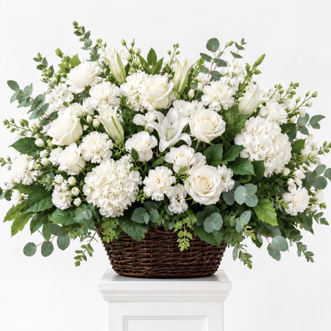 White floral arrangement in a wicker basket with eucalyptus accents